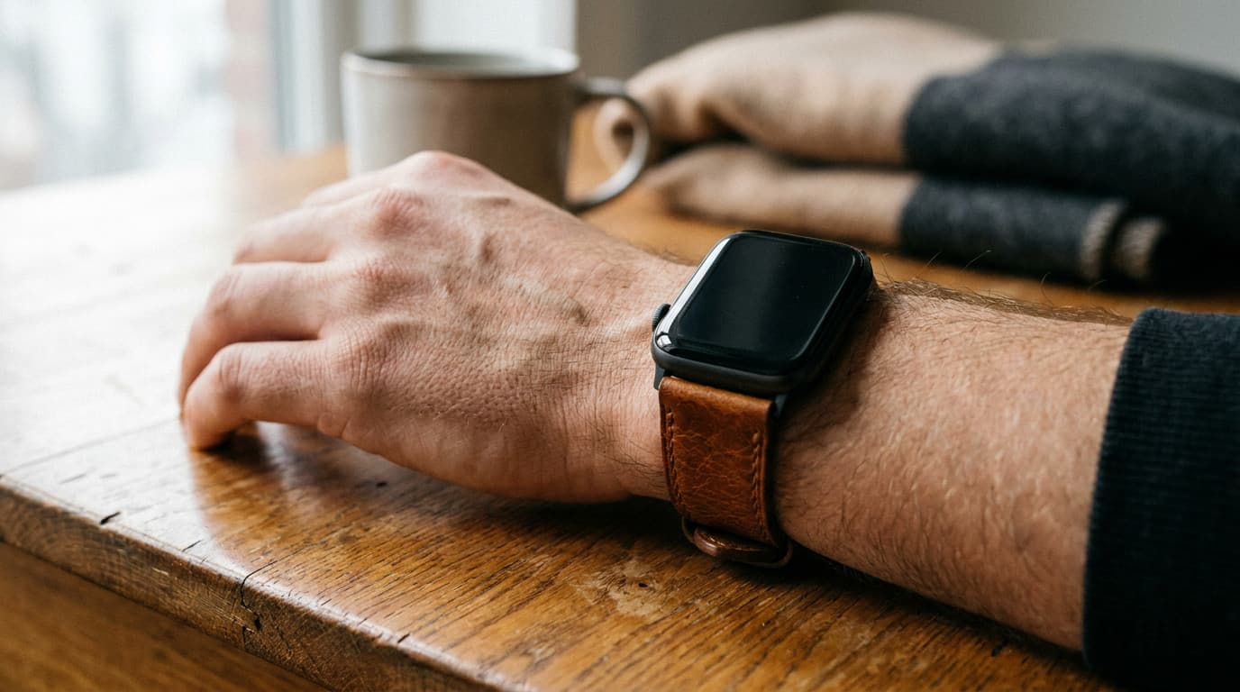 Apple Watch cuir cognac portée au poignet, lumière de fenêtre