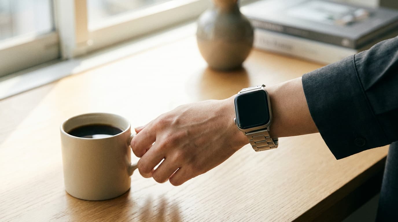 Apple Watch bracelet acier au poignet, café du matin