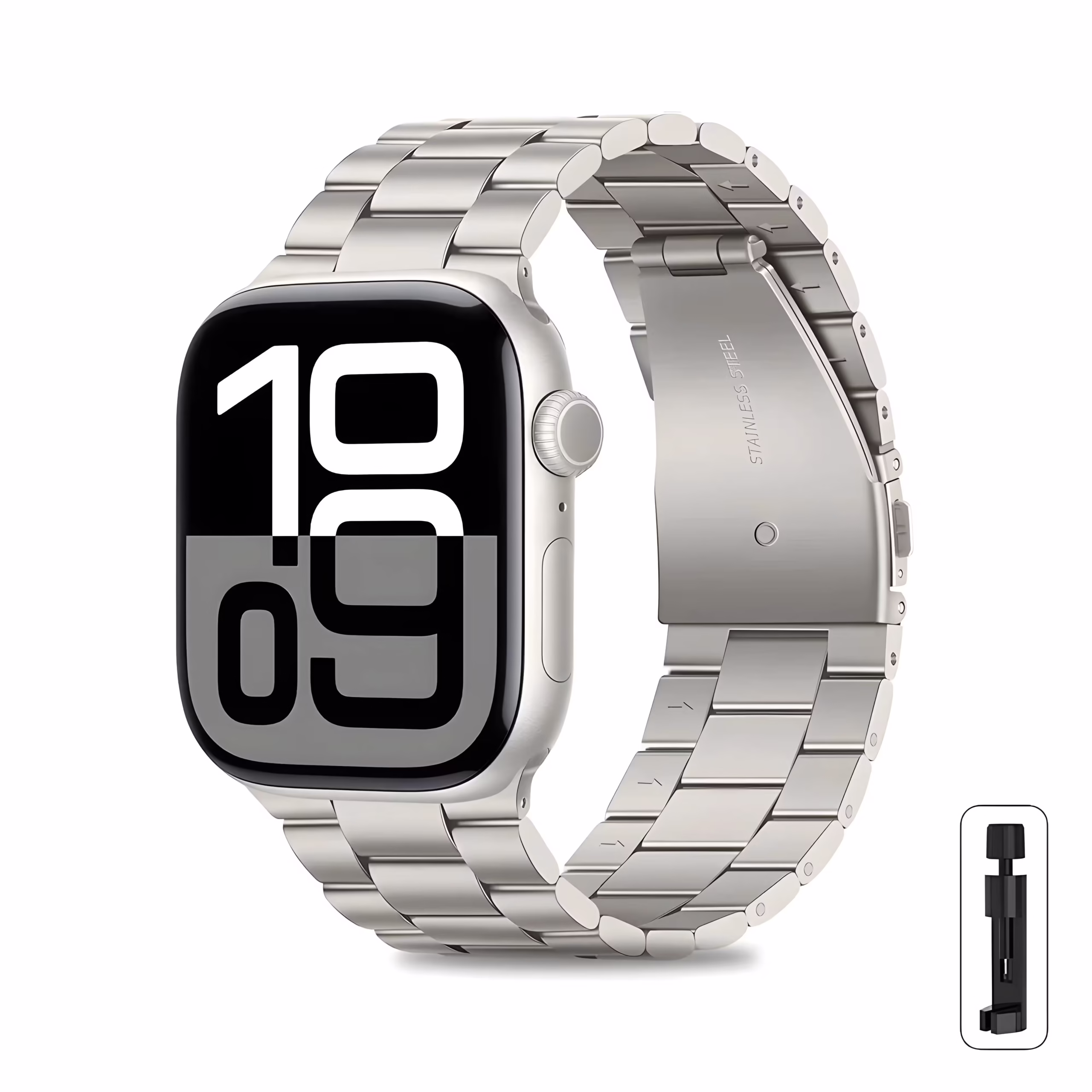 Bracelet Apple Watch en Acier Inoxydable Type Oyster - EzStrap - Chrome avec outil de réglage