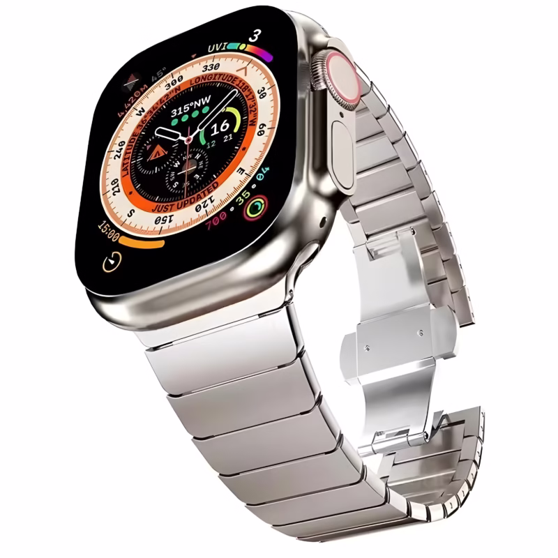 Bracelet à maillons, style élégant à finition lisse, présenté en gros plan avec la montre affichant un cadran coloré.