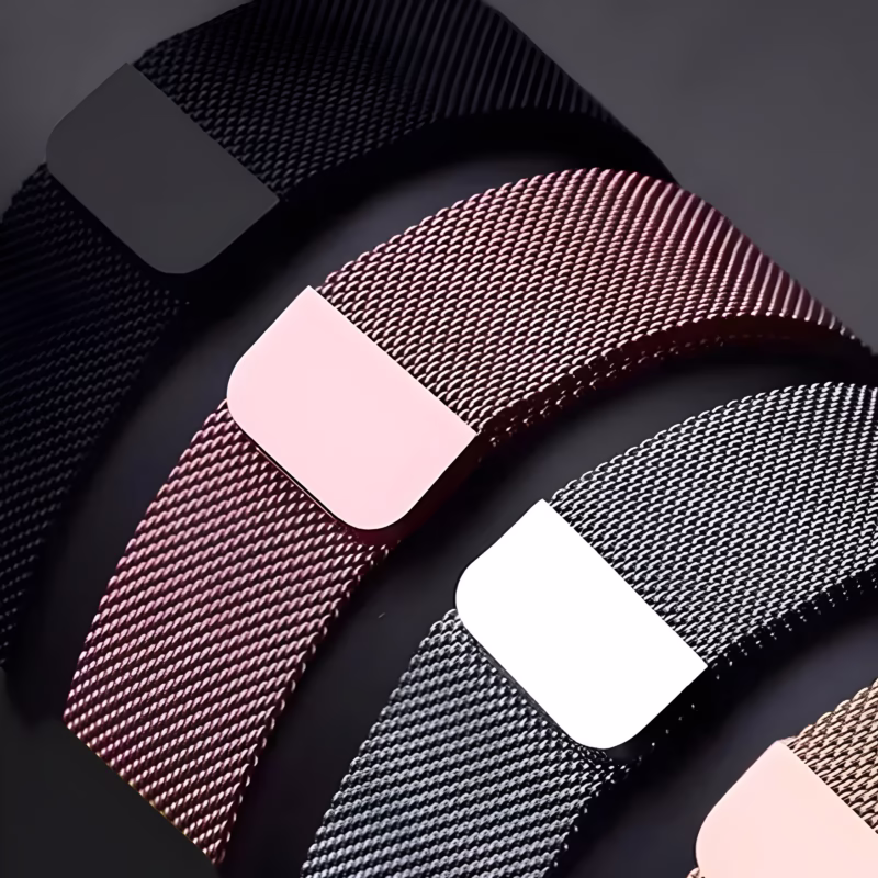Bracelet Milanais Apple Watch, style élégant, présenté en gros plan sur fond noir avec plusieurs coloris alignés.