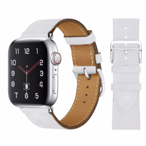 Bracelet Apple Watch EzStrap en cuir lisse, style tour unique élégant, avec boucles métalliques, présenté en gros plan sur fond blanc.