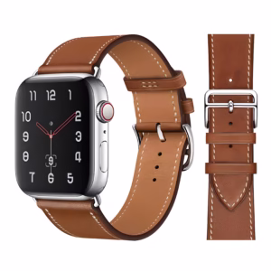 Bracelet Apple Watch EzStrap en cuir lisse, style tour unique élégant, avec boucles métalliques, présenté en gros plan sur fond blanc.