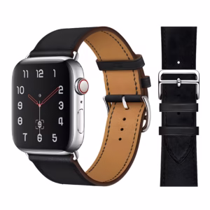 Bracelet Apple Watch EzStrap en cuir lisse, style tour unique élégant, avec boucles métalliques, présenté en gros plan sur fond blanc.