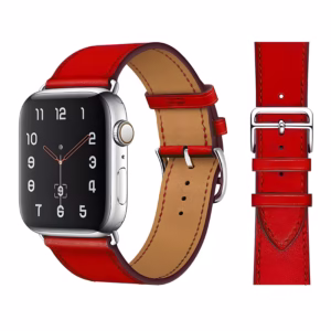 Bracelet Apple Watch EzStrap en cuir lisse, style tour unique élégant, avec boucles métalliques, présenté en gros plan sur fond blanc.