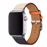 Bracelet Apple Watch EzStrap en cuir lisse, style tour unique élégant, avec boucles métalliques, présenté en gros plan sur fond blanc.