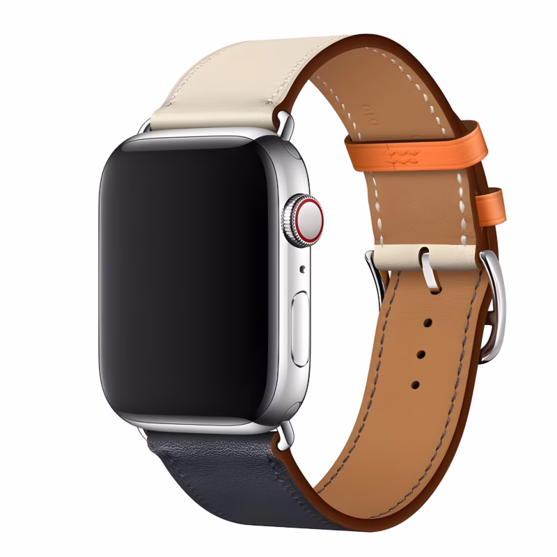 Bracelet Apple Watch EzStrap en cuir lisse, style tour unique élégant, avec boucles métalliques, présenté en gros plan sur fond blanc.