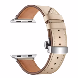 Bracelet Apple Watch EzStrap en cuir véritable lisse de style élégant, avec boucle déployante en métal, présenté en gros plan sur fond blanc.