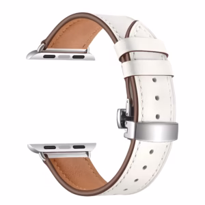 Bracelet Apple Watch EzStrap en cuir véritable lisse de style élégant, avec boucle déployante en métal, présenté en gros plan sur fond blanc.