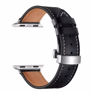 Bracelet Apple Watch EzStrap en cuir véritable lisse de style élégant, avec boucle déployante en métal, présenté en gros plan sur fond blanc.