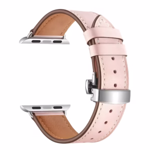 Bracelet Apple Watch EzStrap en cuir véritable lisse de style élégant, avec boucle déployante en métal, présenté en gros plan sur fond blanc.