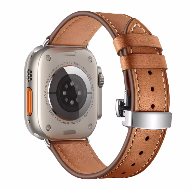Bracelet Apple Watch EzStrap en cuir véritable lisse de style élégant, avec boucle déployante en métal, présenté en gros plan sur fond blanc.