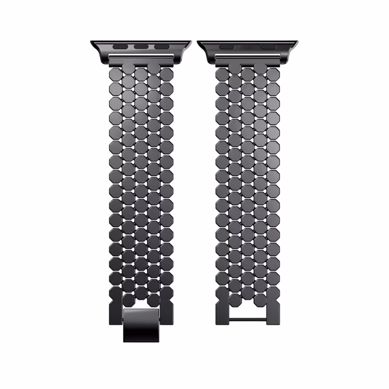 Bracelet Apple Watch EzStrap en métal noir, design nid d’abeille élégant, présenté sur fond blanc en vue de face.