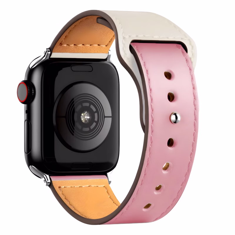 Bracelet Apple Watch en Cuir Lisse à Couture Apparente - EzStrap - Blanc/Rose