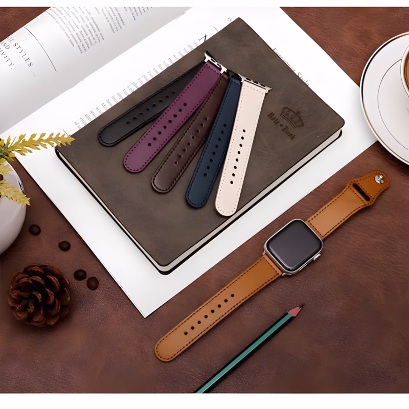 Bracelet Apple Watch EzStrap en cuir lisse à couture apparente, style élégant, décliné en plusieurs couleurs, posé à plat sur un bureau avec carnet, café et crayon.