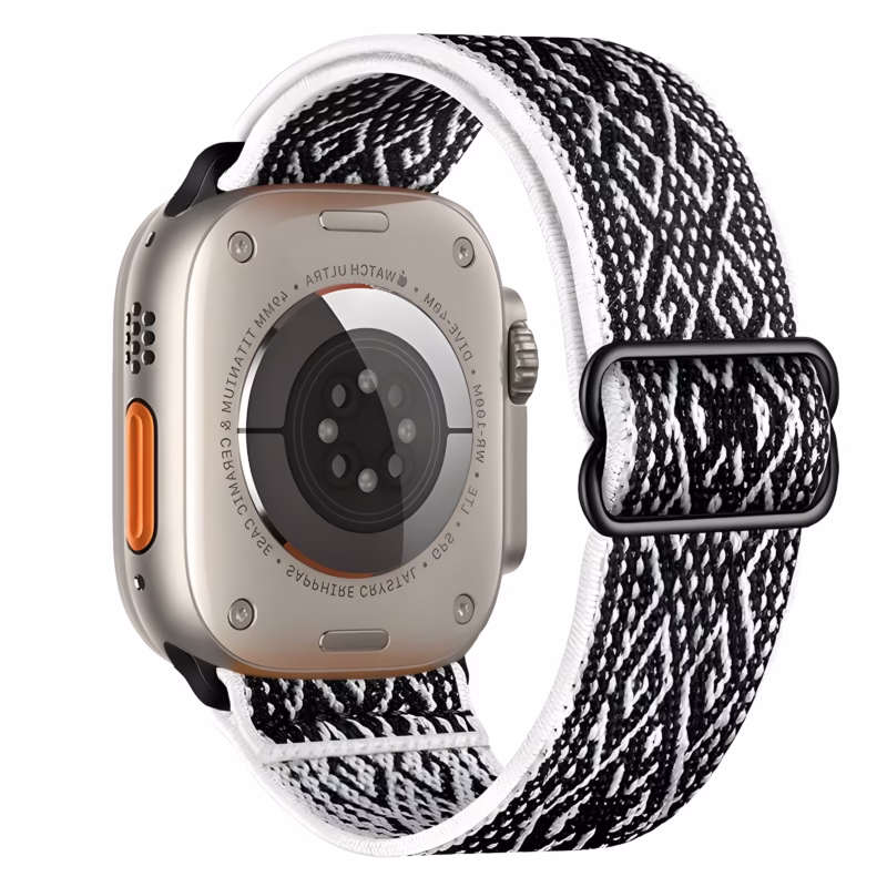 Bracelet Apple Watch en Nylon Souple Bohème Réglable - EzStrap - Blanc/Motifs Noirs