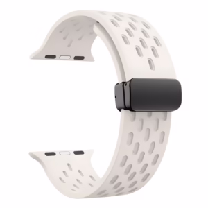 Bracelet Apple Watch EzStrap en silicone noir perforé, style sport, présenté en gros plan sur fond blanc.