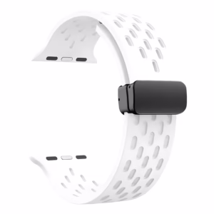 Bracelet Apple Watch EzStrap en silicone noir perforé, style sport, présenté en gros plan sur fond blanc.