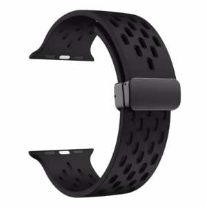 Bracelet Apple Watch EzStrap en silicone noir perforé, style sport, présenté en gros plan sur fond blanc.