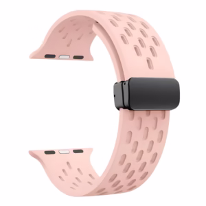 Bracelet Apple Watch EzStrap en silicone noir perforé, style sport, présenté en gros plan sur fond blanc.
