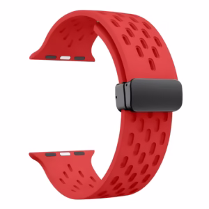 Bracelet Apple Watch EzStrap en silicone noir perforé, style sport, présenté en gros plan sur fond blanc.