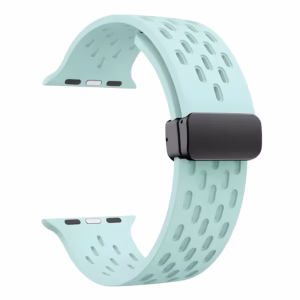 Bracelet Apple Watch EzStrap en silicone noir perforé, style sport, présenté en gros plan sur fond blanc.