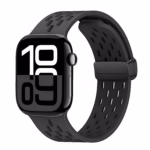 Bracelet Apple Watch EzStrap en silicone noir perforé, style sport, présenté en gros plan sur fond blanc.