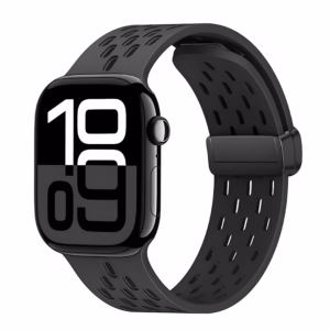 Bracelet Apple Watch EzStrap en silicone noir perforé, style sport, présenté en gros plan sur fond blanc.