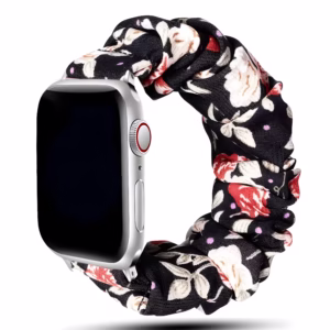 Bracelet Apple Watch en Textile Élastique Design Chouchou - EzStrap - Noir/Fleurs Rouges