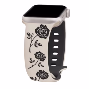Bracelet Apple Watch Silicone Bicolore à Motif Floral Gravé - EzStrap - Beige/Fleurs Noires