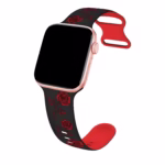 Bracelet Apple Watch EzStrap en silicone bicolore noir et rouge, élégant, avec motif floral gravé, présenté en gros plan sur fond blanc.