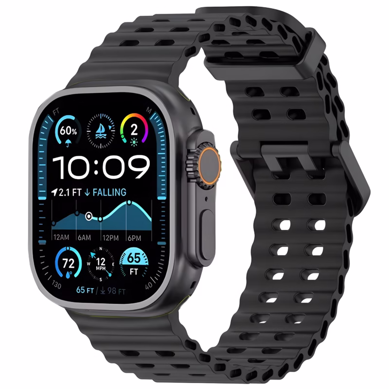 Bracelet Apple Watch EzStrap en silicone noir perforé, au style sport, présenté en gros plan sur fond blanc.