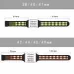 Bracelet Apple Watch EzStrap en silicone noir perforé, de style sport, présenté à plat avec ses dimensions pour les tailles 38/40/41 mm et 42/44/45/49 mm.