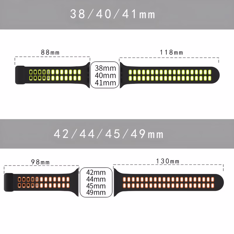 Bracelet Apple Watch EzStrap en silicone noir perforé, de style sport, présenté à plat avec ses dimensions pour les tailles 38/40/41 mm et 42/44/45/49 mm.