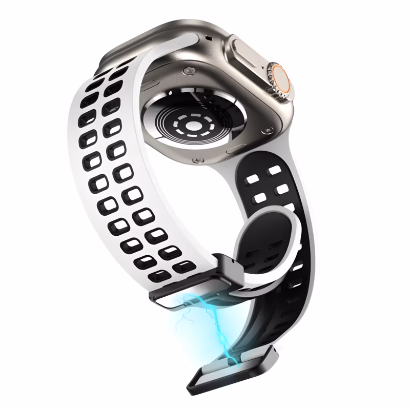 Bracelet Apple Watch EzStrap en silicone perforé, style sport, avec design bicolore noir et blanc, présenté en gros plan sur fond blanc.