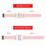 Bracelet Apple Watch EzStrap en silicone rose lisse de style sport, présenté à plat avec les dimensions pour différents modèles de boîtier.