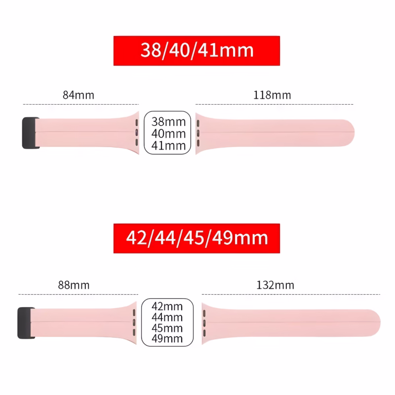Bracelet Apple Watch EzStrap en silicone rose lisse de style sport, présenté à plat avec les dimensions pour différents modèles de boîtier.