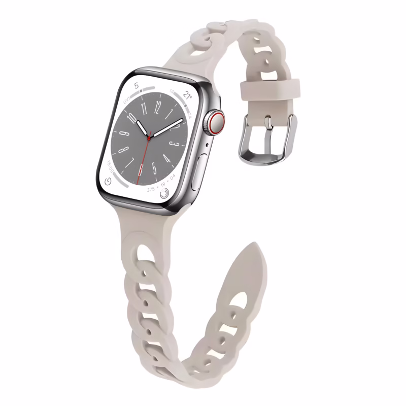 Bracelet Apple Watch EzStrap en silicone beige au style sport, avec maillons entrelacés ajourés, présenté en gros plan sur fond blanc.