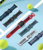 Bracelet Apple Watch EzStrap en silicone perforé de style sport, présenté en plusieurs coloris sur un court de tennis, à côté de balles jaunes.