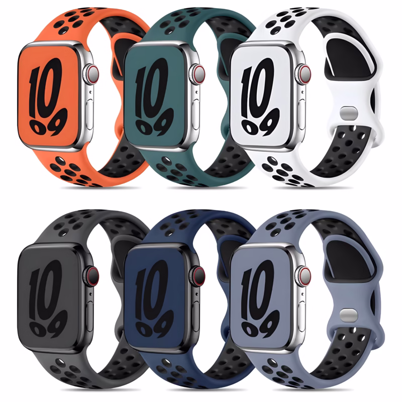 Bracelet Apple Watch EzStrap en silicone perforé de style sport, décliné en plusieurs coloris, présenté en vue de face sur fond blanc.