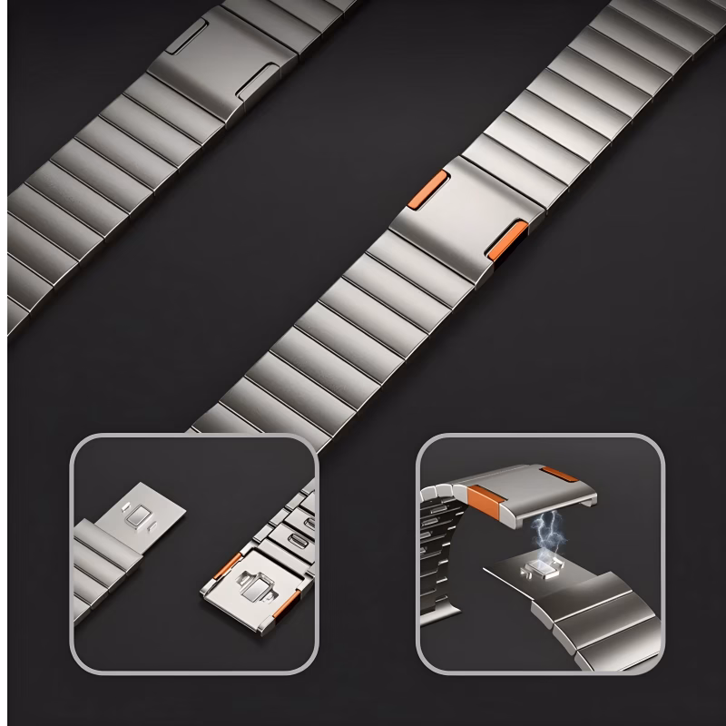 Bracelet Apple Watch EzStrap en métal inoxydable brossé, style luxe, avec fermeture magnétique à dégagement rapide, présenté en gros plan sur fond noir avec vues détaillées du mécanisme de fixation.