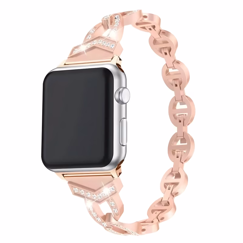 Bracelet Apple Watch EzStrap en métal rose doré, style bijou à chaînes entrelacées scintillantes, présenté en gros plan sur fond blanc.