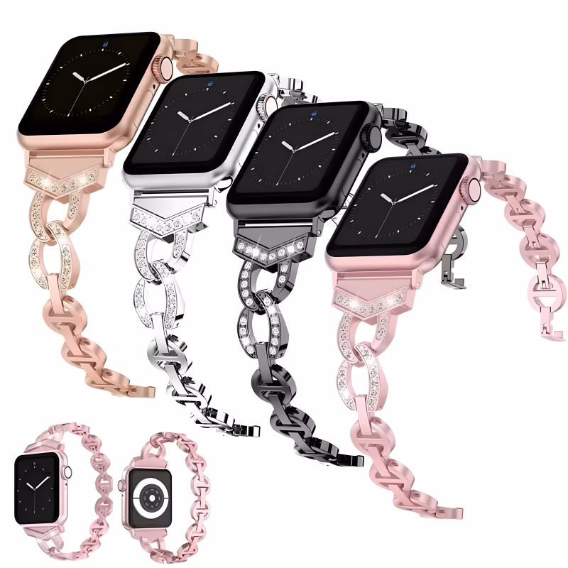 Bracelet Apple Watch EzStrap en acier inoxydable au style bijou, avec chaînes entrelacées brillantes façon luxe, présenté en gros plan sur fond blanc.