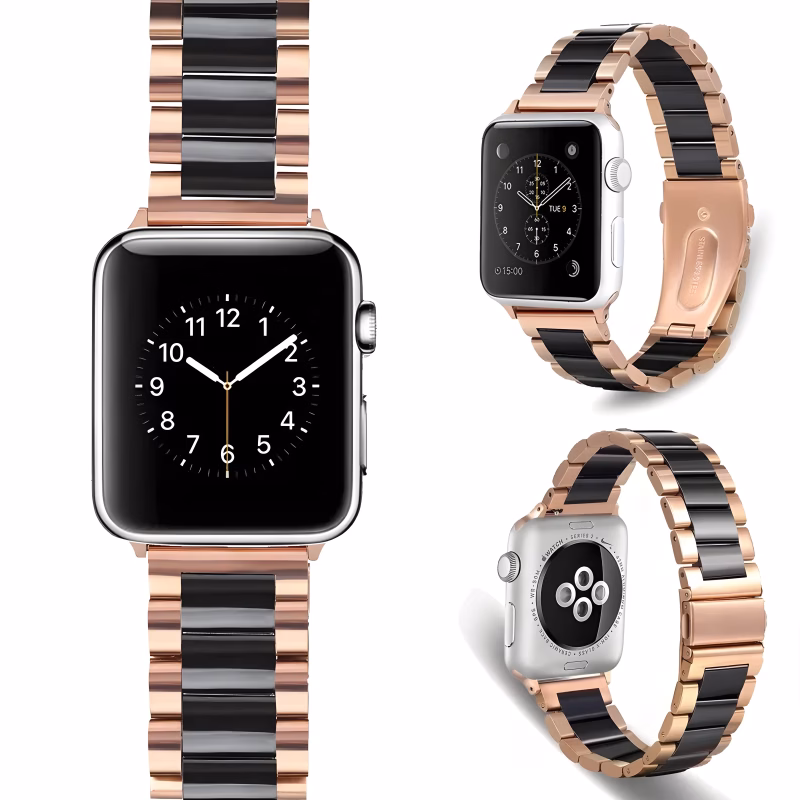 Bracelet Apple Watch EzStrap en acier inoxydable et céramique noire, au style premium avec finition lisse et scintillante, présenté sur une montre en trois vues distinctes sur fond blanc.