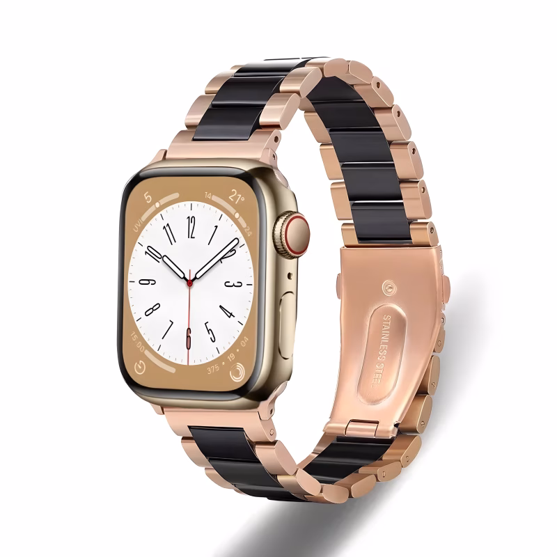 Bracelet Apple Watch Acier Inoxydable et Céramique à Maillons Articulés - EzStrap - Or Rose/Graphite