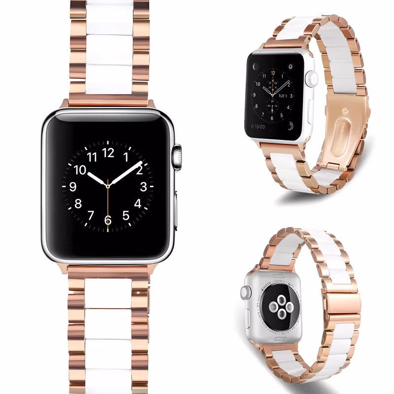 Bracelet Apple Watch EzStrap en acier inoxydable et céramique blanc, style luxe à maillons articulés lisses et scintillants, présenté en gros plan sous différents angles sur fond blanc.