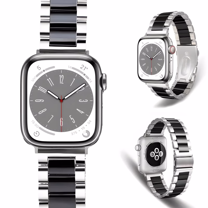 Bracelet Apple Watch EzStrap en acier inoxydable et céramique, style luxe avec finition lisse et scintillante, présenté sous plusieurs angles sur fond blanc.