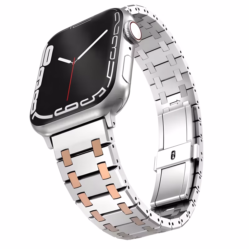 Bracelet Apple Watch Acier Inoxydable Finition Bicolore à Maillons Articulés - EzStrap - Argent/Or Rose