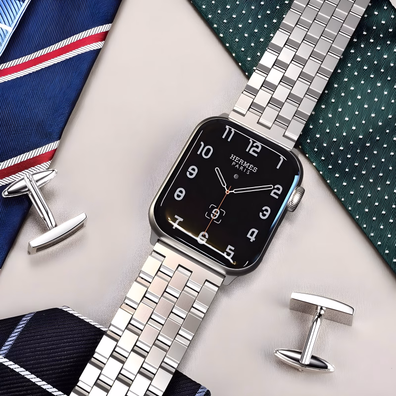 Bracelet Apple Watch EzStrap en acier inoxydable à maillons biseautés, finition brossée et lisse, de style luxe, posé sur un fond élégant avec cravates et boutons de manchette.