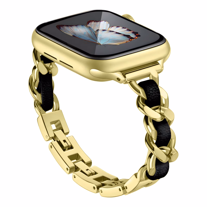 Bracelet Apple Watch Acier Inoxydable à Maillons Chaîne et Cuir Tressé - EzStrap - Or/Noir